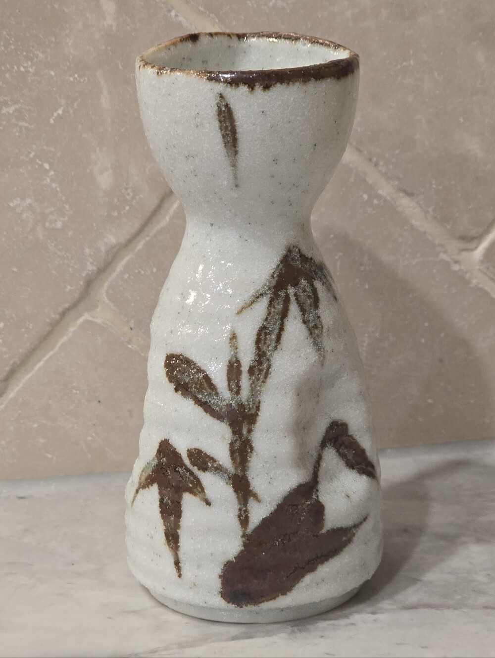 Vintage Sake Japanese Decanter Vase Studio Art Pottery Bamboo Botanical Speckle